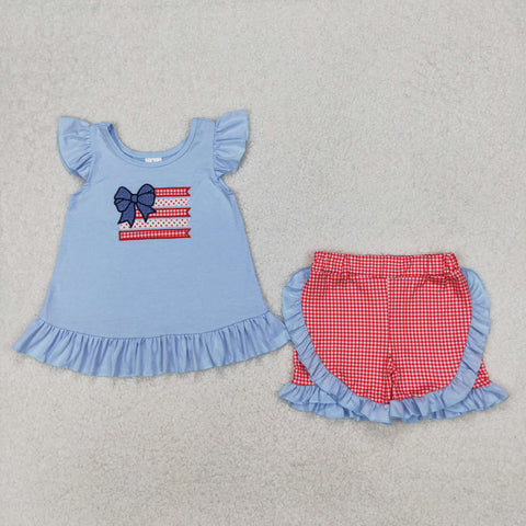 GSSO1822 Embroidery July 4th Flag Bows Girls Shorts Set