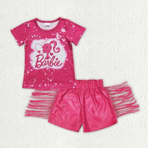 GSSO1826 Fashion Girl Pink Leather Shorts Tassel Girl's Set