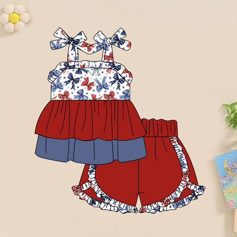 Preorder 01.14 GSSO1832 July 4th Bows Red Ruffles Girls Shorts Set