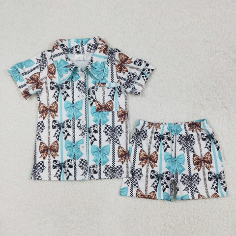 GSSO1858 Howdy Cow Bows Blue Buttons Girls Shorts Pajamas Set