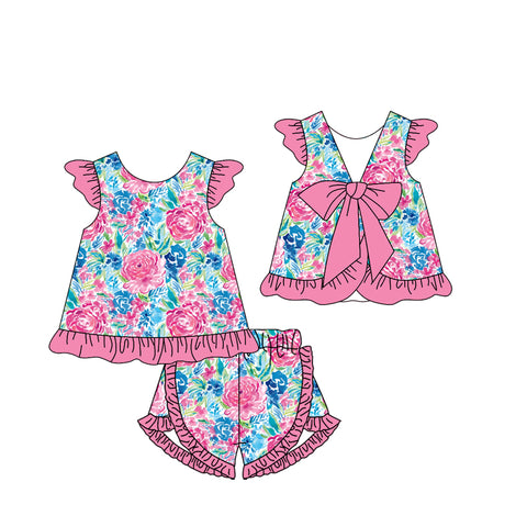 Preorder 01.16 GSSO1866 Flower Pink Bow Girls Shorts Set