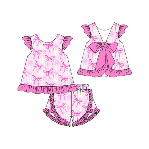 Preorder 01.16 GSSO1868 Flower Pink Bow Girls Shorts Set