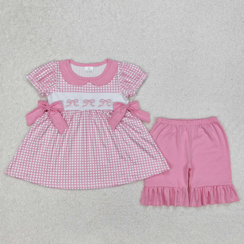 GSSO1879 Embroidery Bows Pink Plaid Girls Shorts Set