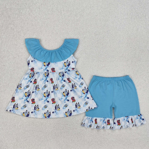GSSO1886 Cartoon Blue Dog Girls Shorts Set