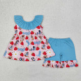 GSSO1904 Cartoon Blue Dog Strawberry Girls Shorts Set