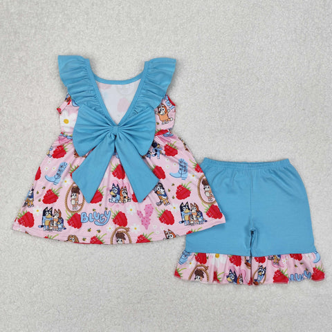 GSSO1904 Cartoon Blue Dog Strawberry Girls Shorts Set