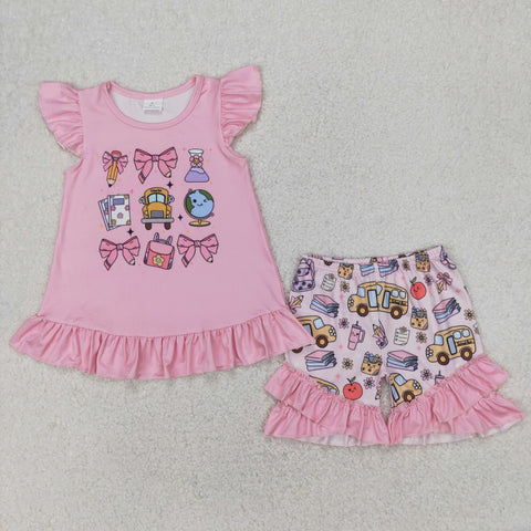 GSSO1910 Back To School Bus Pink Girls Shorts Set