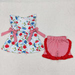 GSSO1930 Flower Cute Red Plaid Girls Shorts Set