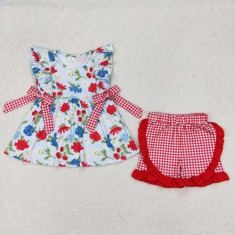 GSSO1930 Flower Cute Red Plaid Girls Shorts Set