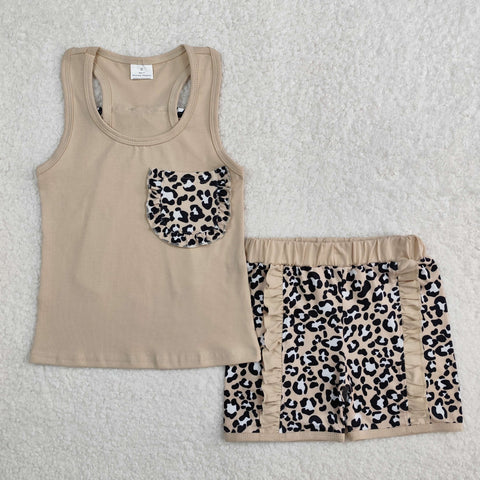 GSSO1979 Leopard Bows Khaki Girls Shorts Set