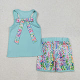 GSSO1982 Summer Flower Blue Girls Shorts Set