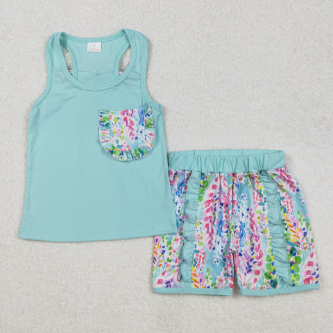 GSSO1982 Summer Flower Blue Girls Shorts Set