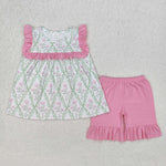 GSSO2013 Flower Floral Pink Green Girls Shorts Set