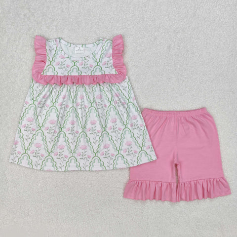 GSSO2013 Flower Floral Pink Green Girls Shorts Set