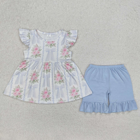 GSSO2052 Flower Bows Blue Girls Shorts Set
