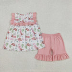 GSSO2066 Western Hat Boots Cactus Pink Girls Shorts Set