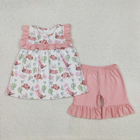 GSSO2066 Western Hat Boots Cactus Pink Girls Shorts Set