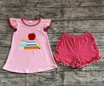 Preorder GSSO2069 Embroidery Back To School Apple Book Girls Shorts Set