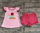 Preorder GSSO2069 Embroidery Back To School Apple Book Girls Shorts Set