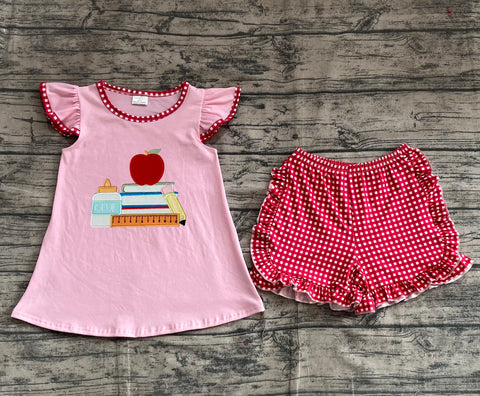 Preorder GSSO2069 Embroidery Back To School Apple Book Girls Shorts Set