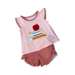 Preorder GSSO2069 Embroidery Back To School Apple Book Girls Shorts Set