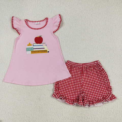 GSSO2069 Embroidery Back To School Apple Book Girls Shorts Set