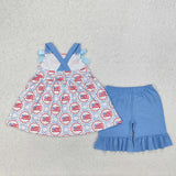 GSSO2074 July 4th Flag Bows Blue Girls Shorts Set