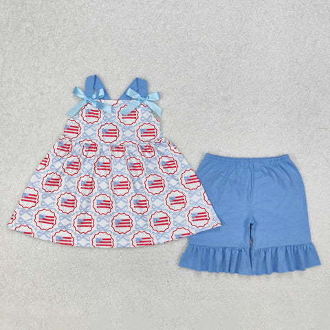 GSSO2074 July 4th Flag Bows Blue Girls Shorts Set