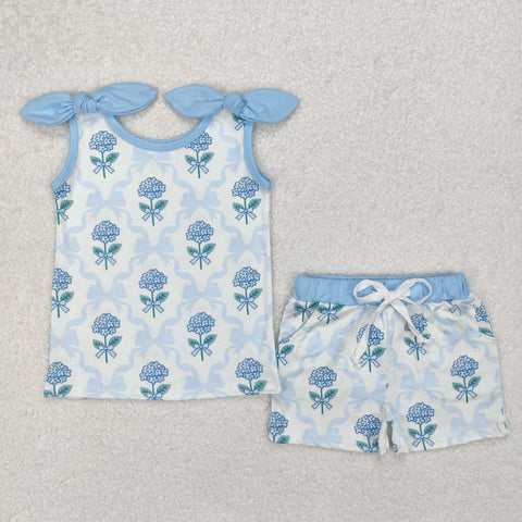 GSSO2079 Flower Bows Blue Girls Shorts Set
