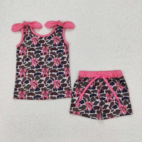 GSSO2083 Camo Bows Pink Girls Shorts Set