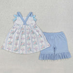 GSSO2087 Flower Cake Bows Blue Girls Shorts Set
