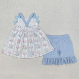 GSSO2087 Flower Cake Bows Blue Girls Shorts Set