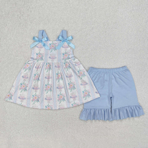 GSSO2087 Flower Cake Bows Blue Girls Shorts Set