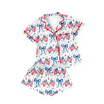 Preorder 02.11 GSSO2091 July 4th USA Flag Bows Buttons Girls Shorts Pajamas Set