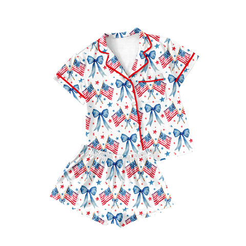 Preorder 02.11 GSSO2091 July 4th USA Flag Bows Buttons Girls Shorts Pajamas Set