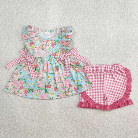 GSSO2111 Flower Pink Plaid Girls Shorts Set