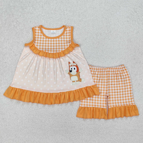 GSSO2123 Cartoon Blue Dog Orange Girls Shorts Set