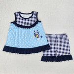 GSSO2124 Cartoon Blue Dog Girls Shorts Set