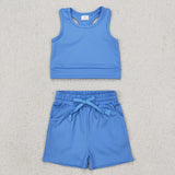 GSSO2132 Blue Sports Yoga Girls Shorts Set