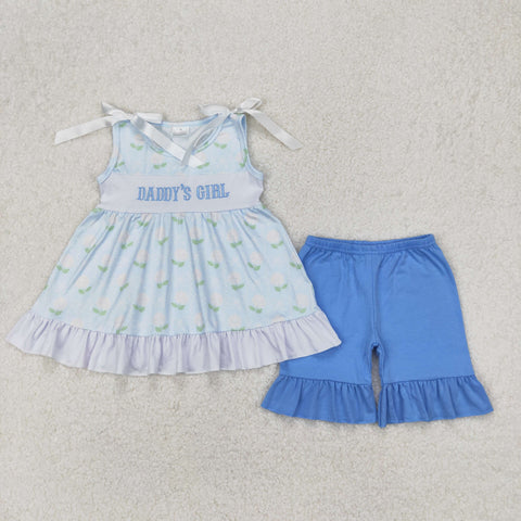 GSSO2152 Embroidery Daddy's Girl Flower Blue Girls Shorts Set