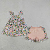 GSSO2180 Summer Flower Ruffles Girls Shorts Set