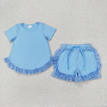 GSSO2183 Cotton Ruffles Blue Girls Shorts Set