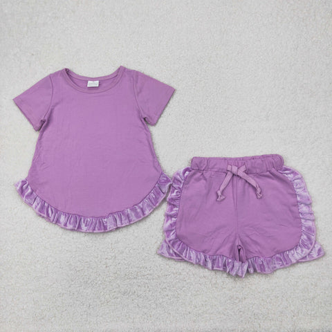 GSSO2184 Cotton Ruffles Purple Girls Shorts Set