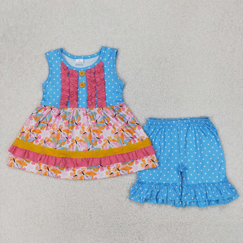 GSSO2199 Butterfly Pink Ruffles Girls Shorts Set