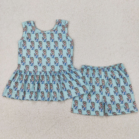 GSSO2234 Cartoon Princess Blue Girls Shorts Set