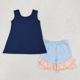 GSSO2272 Summer Cotton Blue Big Bow Girls Shorts Set