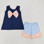 GSSO2272 Summer Cotton Blue Big Bow Girls Shorts Set