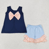 GSSO2272 Summer Cotton Blue Big Bow Girls Shorts Set