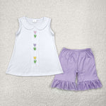 GSSO2276 Embroidery Tulip Flower Purple Plaid Girls Shorts Set