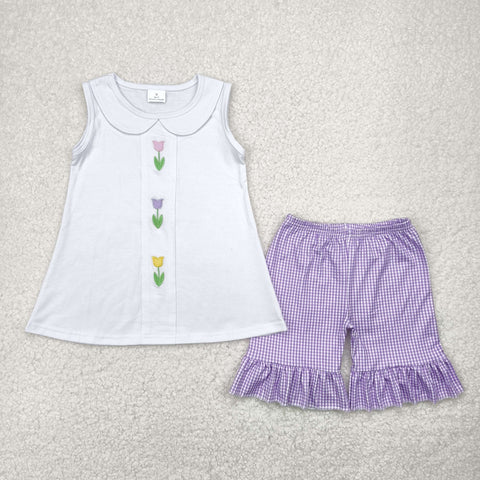 GSSO2276 Embroidery Tulip Flower Purple Plaid Girls Shorts Set